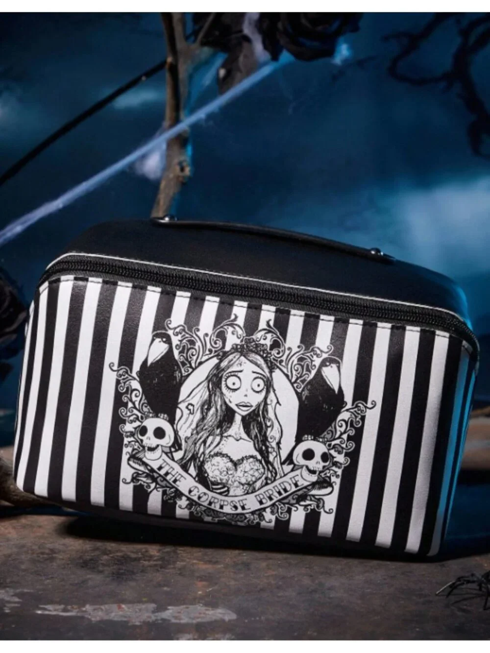 Corpse Bride Gothic Striped Makeup Bag Large Capacity PU Leather Cosmetic